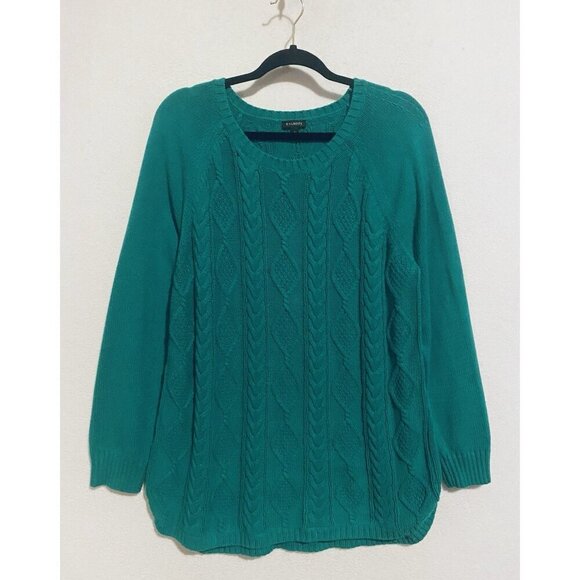 Talbots Sweater Womens XL Green Cable Knit Tunic Crew Neck Cotton Blend Cozy - Picture 1 of 6